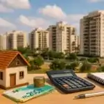 שולחן עץ עם דגם מוקטן של בית, ערימת שטרות של 200 ש"ח, מטבעות, מחשבון, פנקס ועט. ברקע נראים מגדלי מגורים מודרניים עם עצים ופארק. התמונה מסמלת חישוב תשואה על דירה להשקעה, תכנון כלכלי לרכישת נדל"ן או ניתוח כדאיות של השקעה בנדל"ן בישראל.