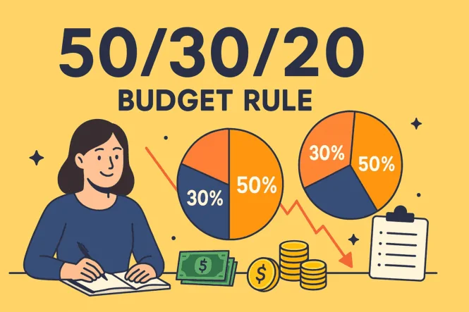איור צבעוני המציג את שיטת 50/30/20 לניהול תקציב אישי, עם גרפים עוגה המחלקים את התקציב ל־50% צרכים, 30% רצונות ו־20% חיסכון, לצד אישה רושמת במחברת, שטרות, מטבעות