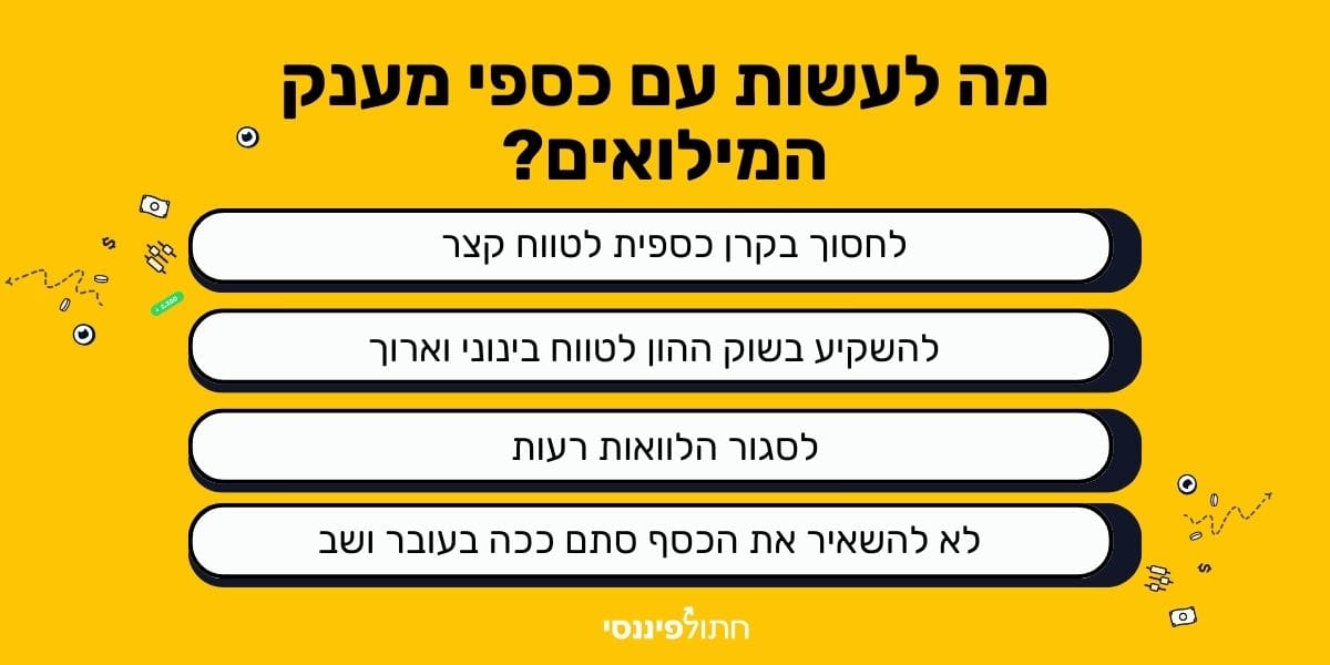 אינפוגרפיקה אודות מה לעשות עם כספי מענק המילואים?עם 4 תשובות חשובות: לחסוך בקרן כספית טווח קצר, להשקיע בשוק ההון לטווח בינוני וארוך, לשקול לסגור הלוואות רעות, לא להשאיר את הכסף סתם ככה בעובר ושב