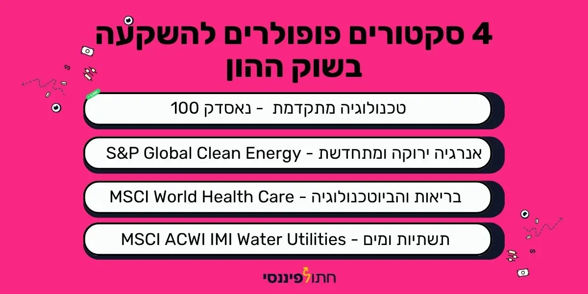 התמונה מתארת 4 סקטורים להשקעה בשוק ההון שם מומלצים ופופולרים כמו טכנולוגיה מתקדמת באמצעות מדד הנאסדק 100, סקטור אנרגיה מתחדשת, בריאות וטנוכלוגיה, סקטור שירותי מים ותשתיות