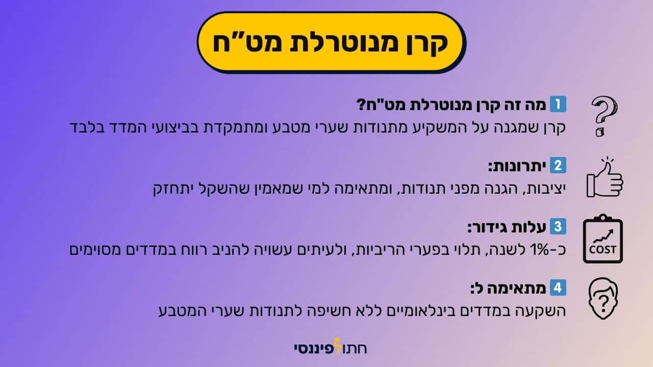 קרן מנוטרלת מט"ח: מה זה ומה חשוב לדעת לפני השקעה בשוק ההון. אינפוגרפיקה בנושא קרן מנוטרלת מט"ח, עם הסברים פשוטים: קרן שמשקיעה במדדים שאינם מושפעים לשינויים בשערי מטבע ומתמקדת רק בביצועי המדד, יתרונות כמו יציבות והגנה מתנודתיות, עלות גידור של כ־1% לשנה, והתאמה למי שלא רוצה חשיפה למטבע חוץ. לצד כל סעיף מופיע אייקון תואם, ברקע עיצוב בגוונים סגול וצהוב וחתול פיננסי למטה.