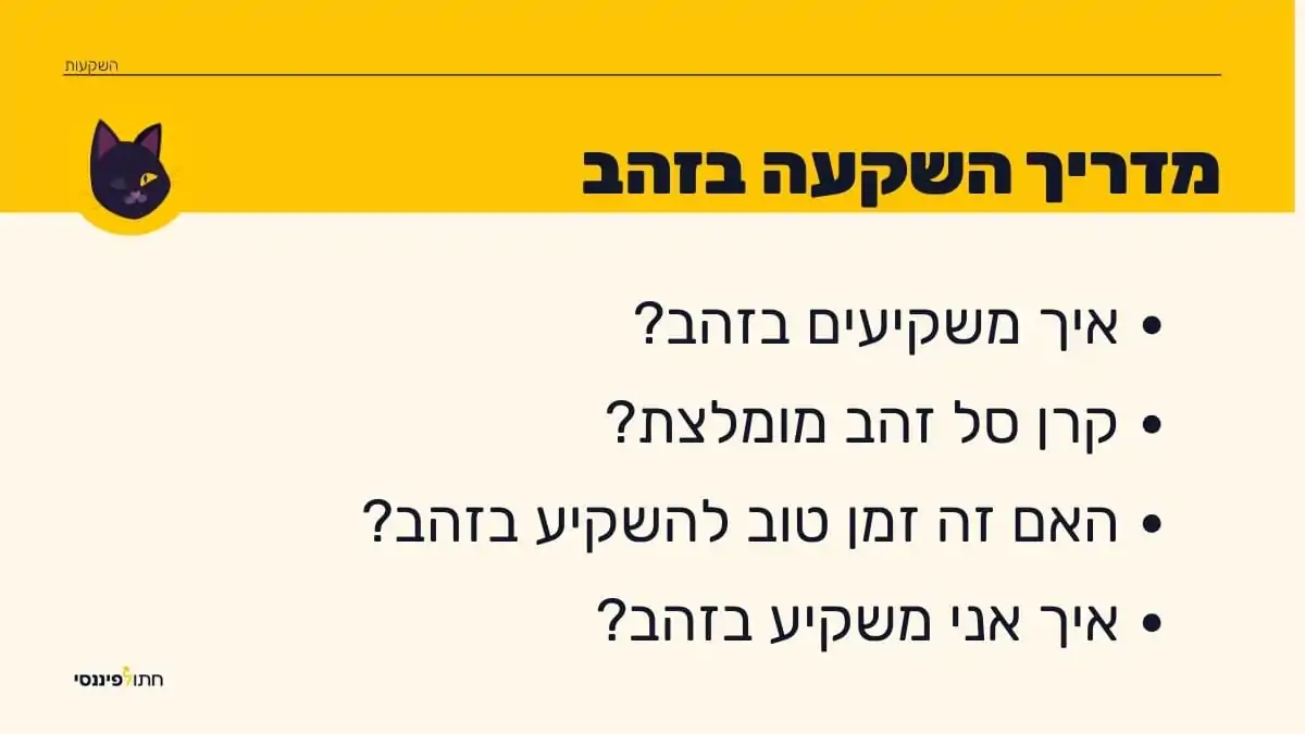 מדריך השקעה בזהב עם שאלות נפוצות כמו איך משקיעים בזהב, מהי קרן סל זהב והאם זה זמן טוב להשקיע בזהב, עם לוגו חתול פיננסי