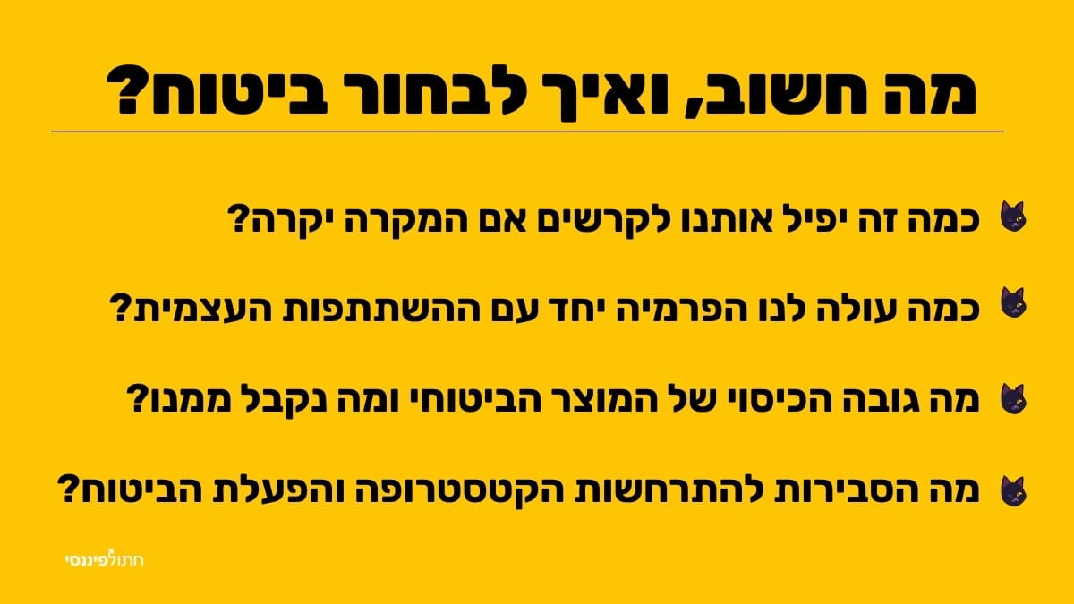 אינפוגרפיקה על מה חשוב בביטוח, ואיך לבחור ביטוח? ולצידה רשימת שאלות שחשוב לשאול לפני שעושים ביטוח כלשהו כמו: כמה זה יפיל אותנו לקרשים אם המקרה יקרה? כמה עולה ביטוח? איזה סוג ביטוח לעשות? מה פרמית הביטוח