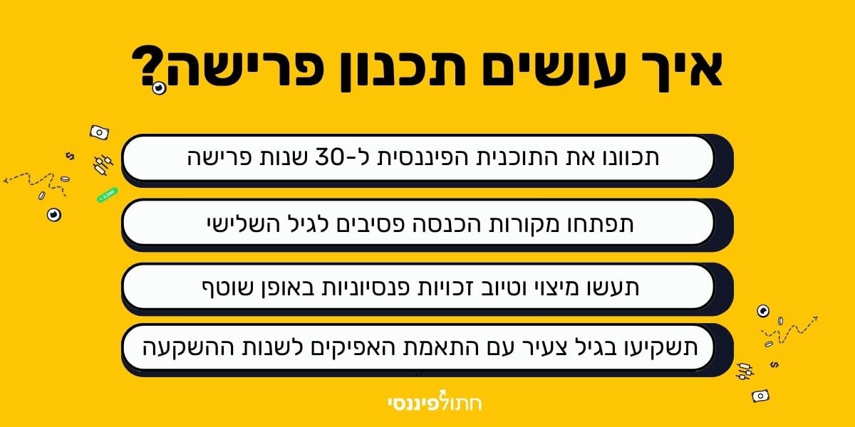איך עושים תכנון פרישה נכון - טיפים חשובים לתכנון פיננסי לפרישה: בניית תוכנית ל-30 שנות פרישה, פתיחת מקורות הכנסה פסיביים, מיצוי זכויות פנסיוניות, והשקעות מותאמות גיל מדריך ויזואלי לתכנון פרישה - איך להכין תוכנית פיננסית ל-30 שנות פרישה, לייצר הכנסה פסיבית, לנצל זכויות פנסיוניות ולהשקיע בגיל צעיר.
