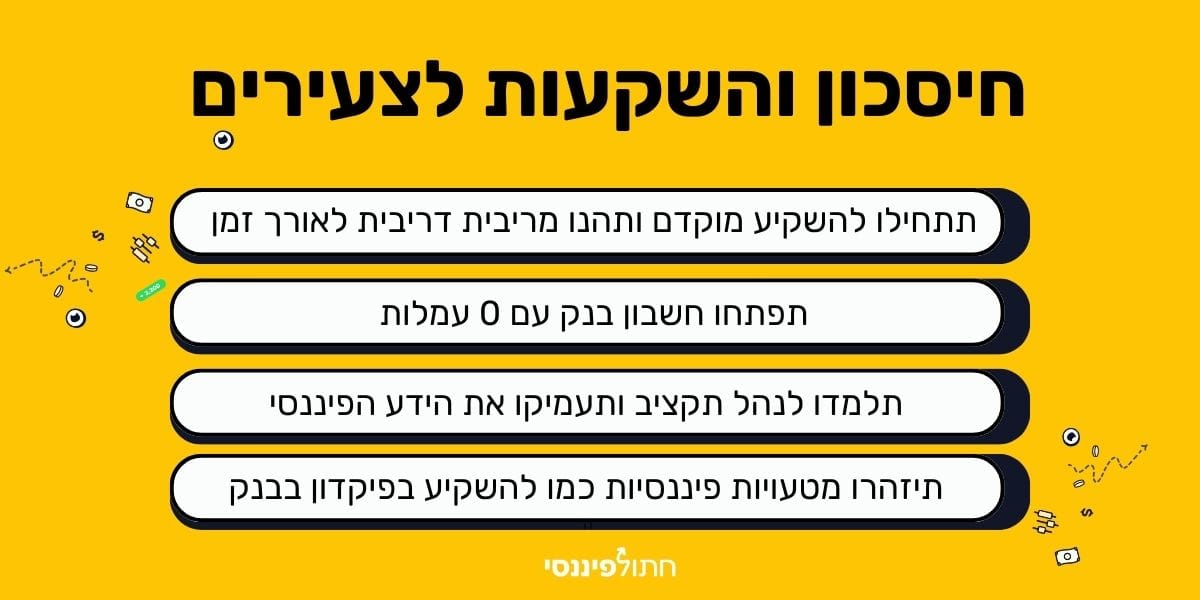 מדריך חיסכון והשקעות לצעירים: אינפוגרפיקה אודות איך להתחיל להשקיע מוקדם, לנצל ריבית דריבית, לפתוח חשבון ללא עמלות, לנהל תקציב חכם ולהימנע מטעויות נפוצות.