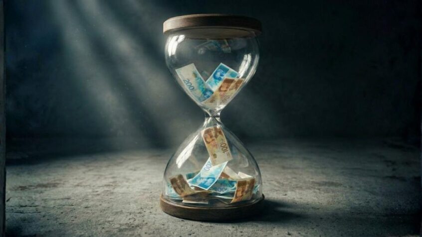 שעון חול מלא בשטרות של 200 ו-100 שקלים זורמים כלפי מטה, מסמל את הזמן האוזל לניצול הטבות מס סוף שנת 2025 בישראל