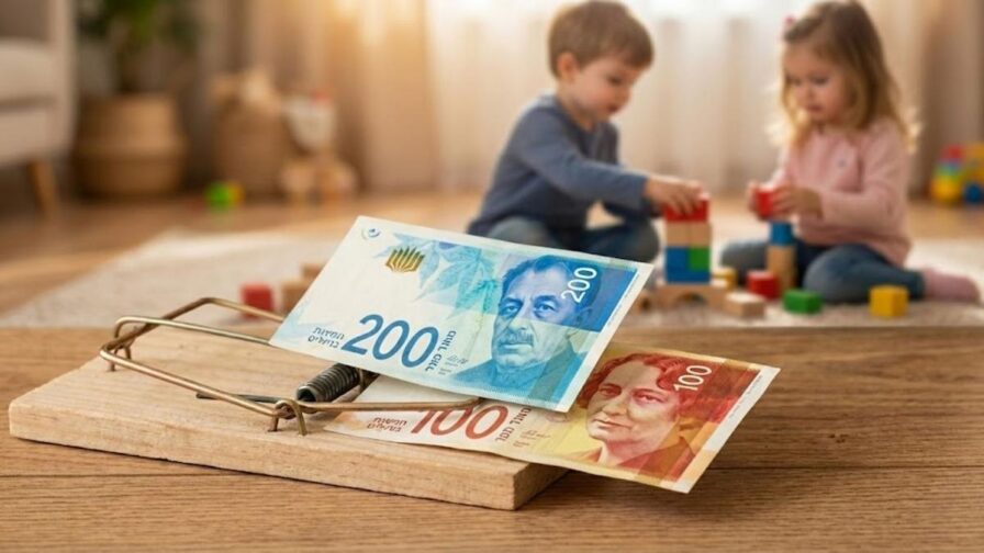 תינוק מושיט יד לשטרות כסף ישראליים בתוך צנצנת זכוכית סגורה ונעולה במנעול, כהמחשה למלכודת הריבית בפיקדונות הבנקים לעומת צמיחה בשוק ההון.