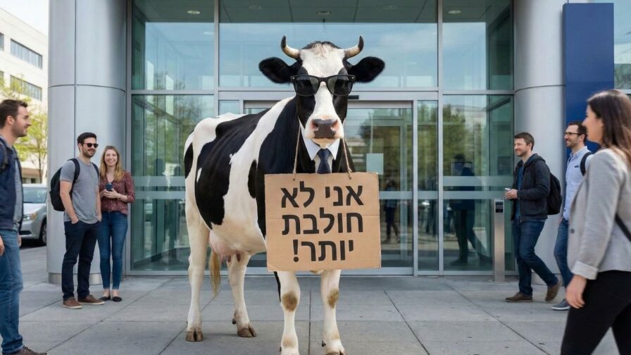 איור של פרה חובשת משקפי שמש ועניבה מול סניף בנק נוצץ - המחשה לרווחי הבנקים בישראל ומחאת הצרכנים