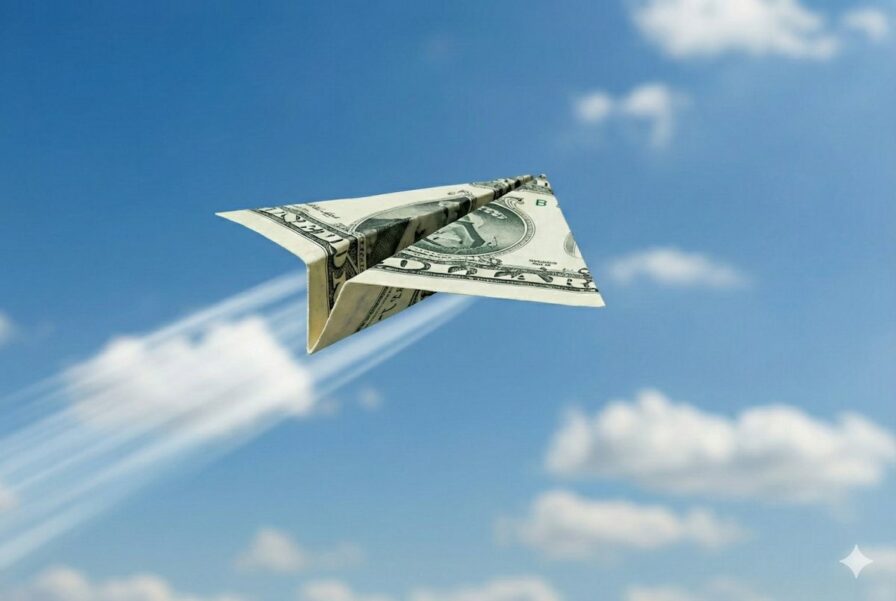 מטוס נייר עשוי משטר מאה דולר בצלילה חדה על רקע גרף בורסה אדום יורד - המחשה לירידת שער הדולר והשפעתו על שוק ההון