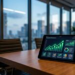 טאבלט המציג לוח בקרה (Investment Dashboard) עם גרפי צמיחה ירוקים על שולחן עץ במשרד מודרני המשקיף על קו הרקיע של תל אביב בדמדומים