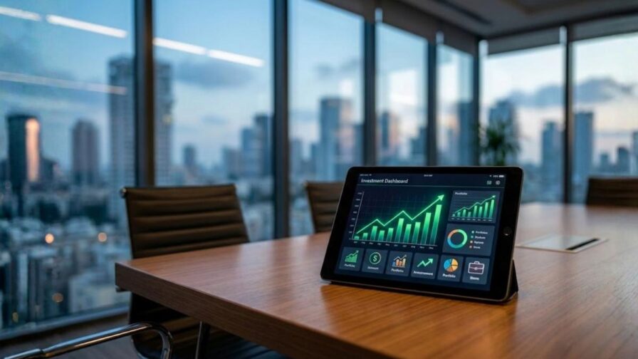 טאבלט המציג לוח בקרה (Investment Dashboard) עם גרפי צמיחה ירוקים על שולחן עץ במשרד מודרני המשקיף על קו הרקיע של תל אביב בדמדומים