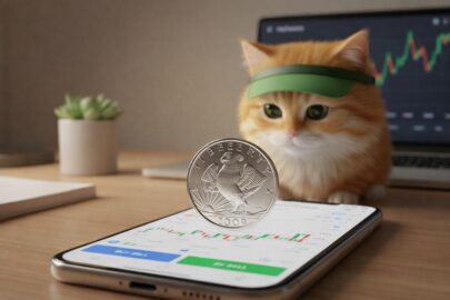 חתול ג'ינג'י חמוד חובש מצחייה ירוקה מביט במטבע כסף מבריק (Silver Coin) עם הכיתוב 2026 המרחף מעל סמארטפון המציג גרפים של בורסה, על רקע לפטופ עם נתונים פיננסיים