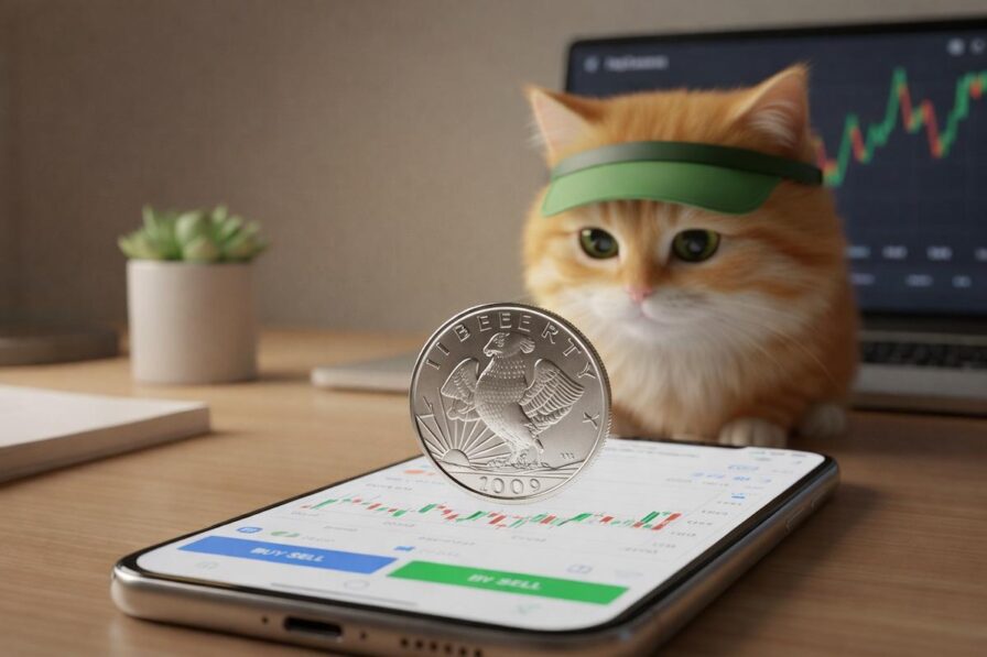 חתול ג'ינג'י חמוד חובש מצחייה ירוקה מביט במטבע כסף מבריק (Silver Coin) עם הכיתוב 2026 המרחף מעל סמארטפון המציג גרפים של בורסה, על רקע לפטופ עם נתונים פיננסיים