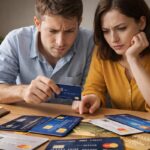 זוג מרוכז ומעט מודאג בזמן שהם בוחנים מספר כרטיסי אשראי הפרוסים לפניהם, במטרה להבין את חיובי הריבית והתשלומים.