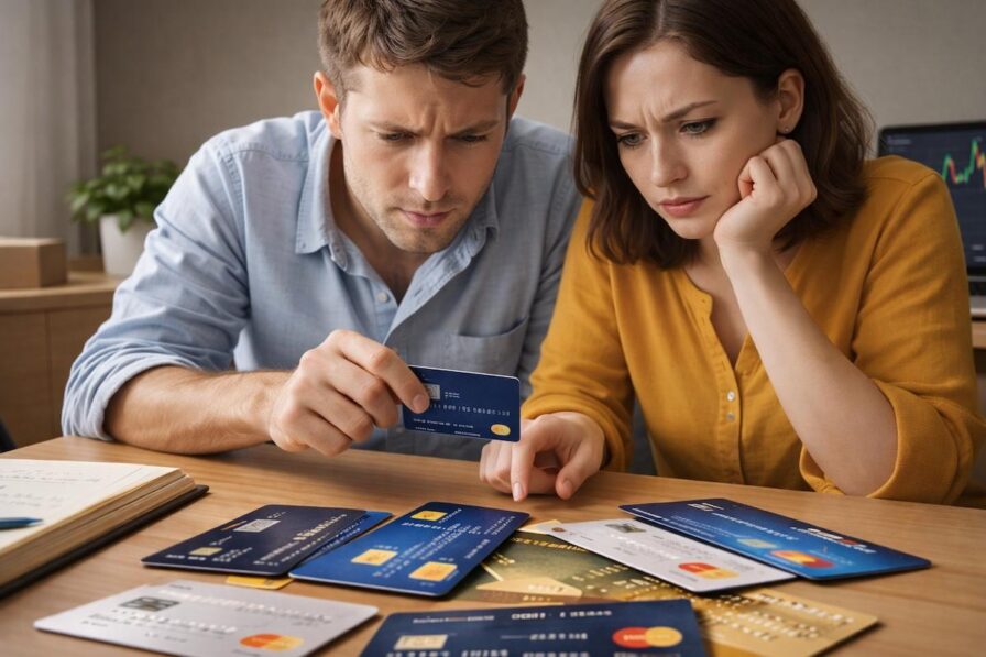זוג מרוכז ומעט מודאג בזמן שהם בוחנים מספר כרטיסי אשראי הפרוסים לפניהם, במטרה להבין את חיובי הריבית והתשלומים.