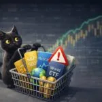 חתול פיננסי עם סל קניות מלא בקרנות סל ETF על רקע גרף שוק ההון