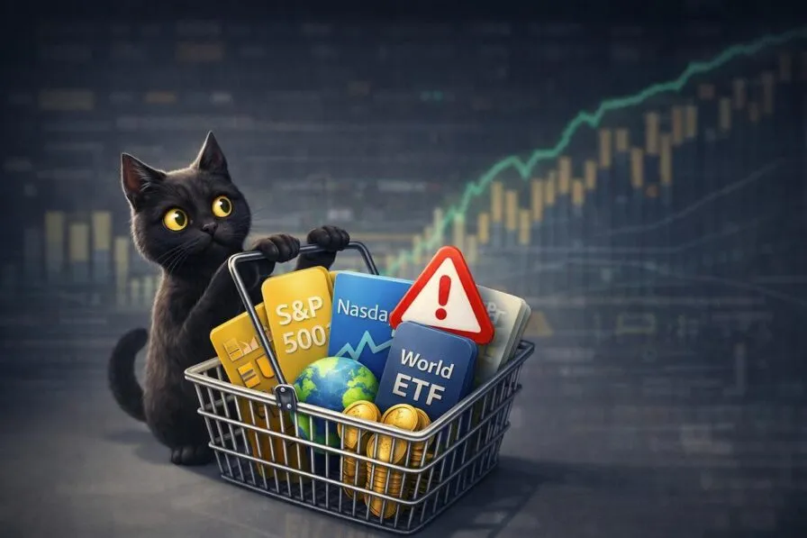 חתול פיננסי עם סל קניות מלא בקרנות סל ETF על רקע גרף שוק ההון