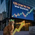 חתול ג'ינג'י עם משקפיים וכובע מצחייה מביט בגרף עולה של מדד תל אביב 125 על מסך ענק ברחוב העיר