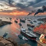 תמונה של אוניות מסחר ומלחמה במיצרי הורמוז עם סימולים לעלית מחירי וברקע עמודי עשן מהתקיפות באיראן